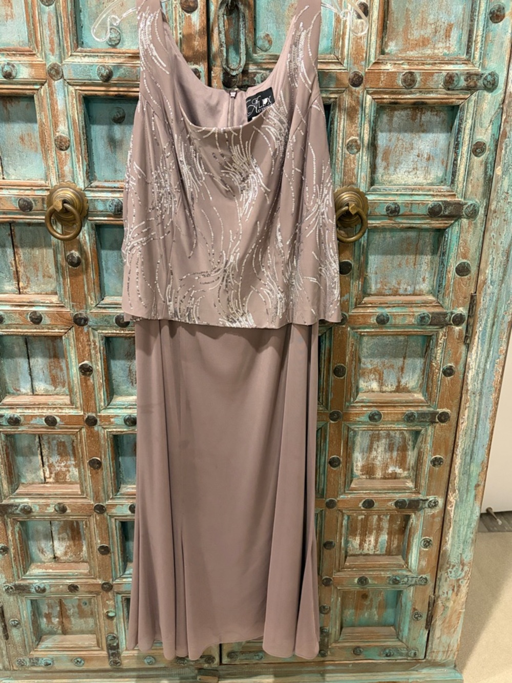 Silver Sequin Detail Taupe with slight purple tint Evening Dress
